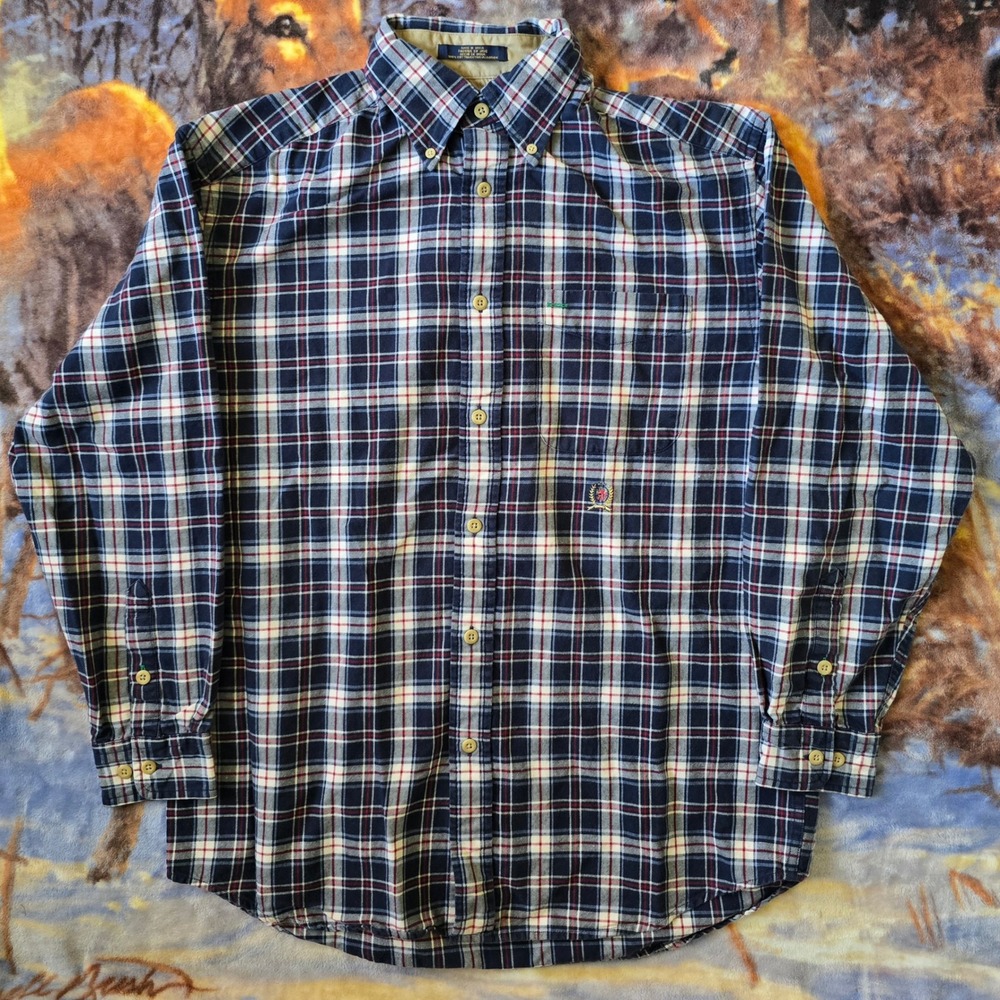 Vintage Tommy Hilfiger 90s Camois Plaid Striped Formal Button Up sz Large